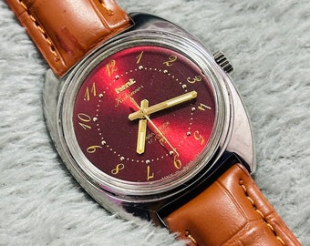 Vintage HMT Kohinoor Red Dial Hand Winding Men's Watch Movement 17 jewels