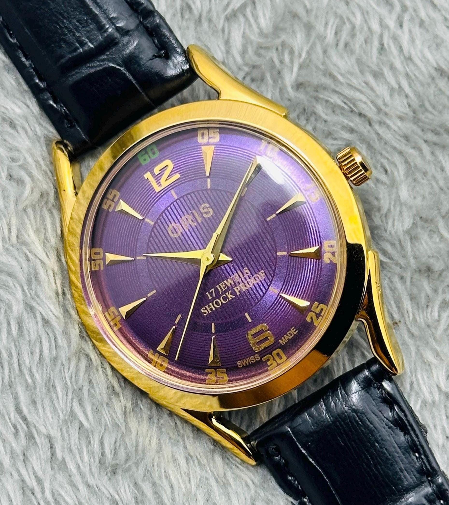 Seltene Vintage ORIS Purple Zifferblatt Gold Gehäuse Handaufzug