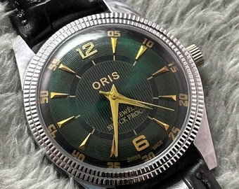 Orologio da polso da uomo vintage raro ORIS con quadrante verde a carica manuale, movimento FHF da uomo ST-96 svizzero