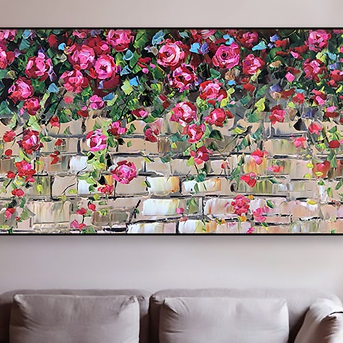 Abstract Red Flower Landscape Oil Painting on Canvas, Large Original Modern Textured Floral Acrylic Painting Living shops Room Wall Art Home Decor
