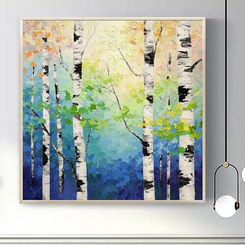 Abstract Nature Birch Tree of Life Oil Painting on Canvas,Large Original Modern Colorful Forest Landscape Artwork Living shops Room Wall Art Decor