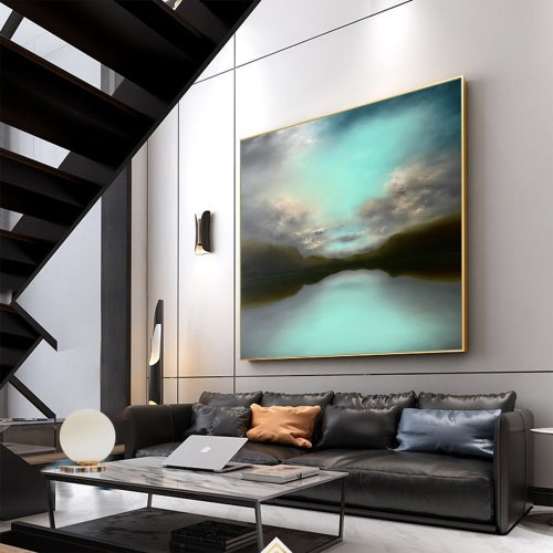 Abstract Blue Ocean Landscape Oil Painting on Canvas, Large Original Mountain Seascape shops Acrylic Painting Boho Wall Art Living Room Home Decor