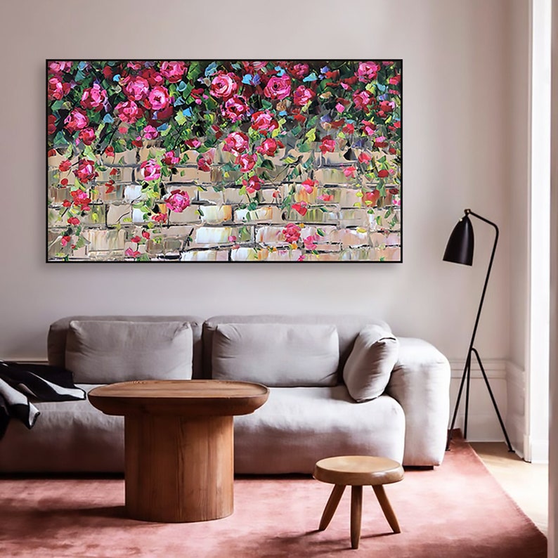 Abstract Red Flower Landscape Oil Painting on Canvas, Large Original Modern Textured Floral Acrylic Painting Living shops Room Wall Art Home Decor