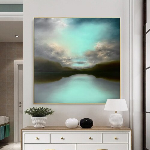Abstract Blue Ocean Landscape Oil Painting on Canvas, Large Original Mountain Seascape shops Acrylic Painting Boho Wall Art Living Room Home Decor