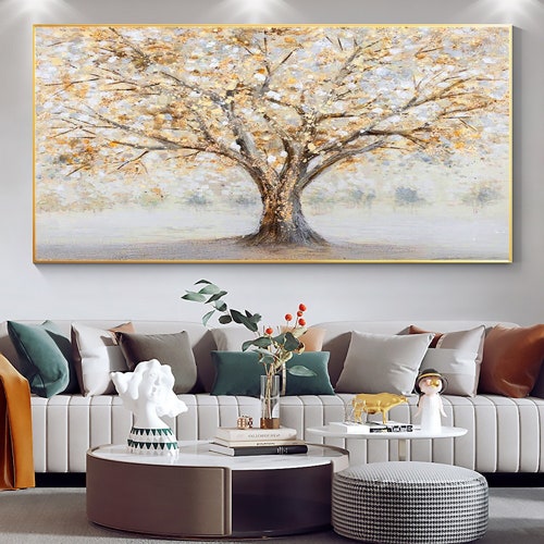 Large Wall Golden Tree Texture Painting Living Room Sofa Wall Etsy