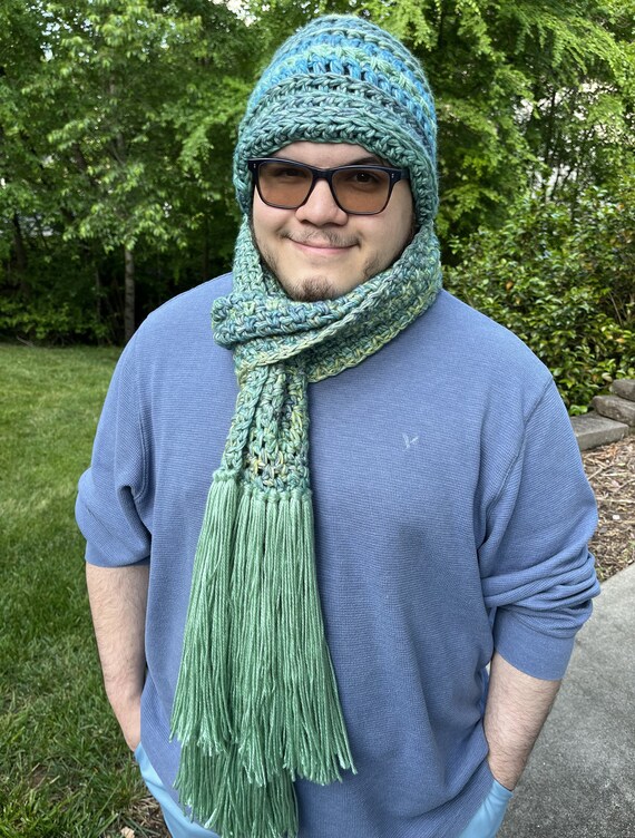 Handmade blue and green knit beanie and scarf set Handmade Knit Hat and Scarf Set: Blue Green Multi Acrylic - Etsy main image 4