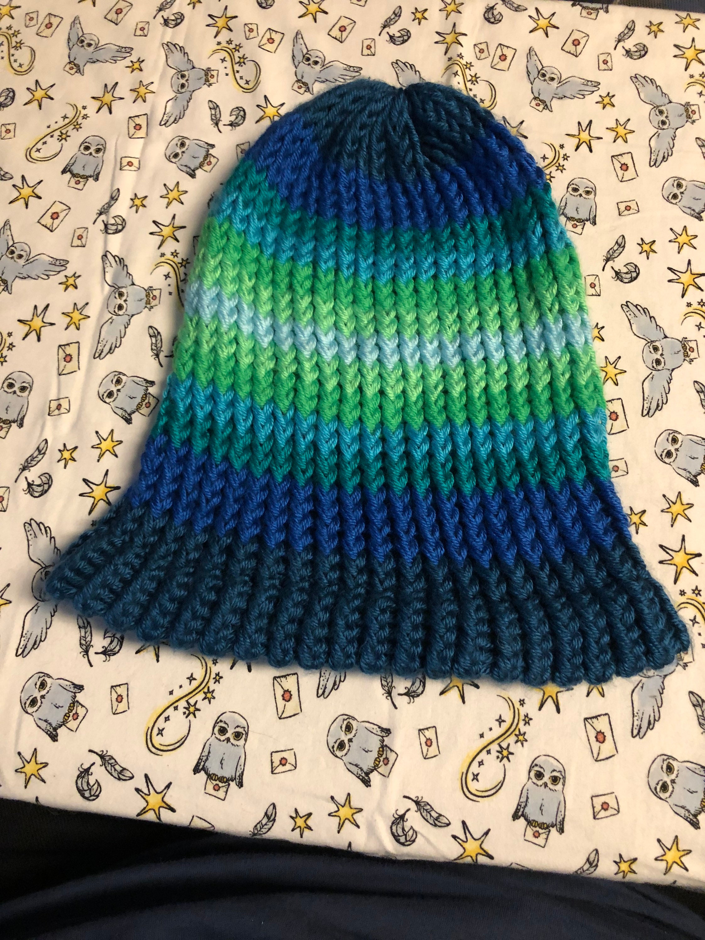 Convertible Hand-Knit Green and Blue hat-scarf. Blue Hand Knit Wool Hat Scarf Set: Multicolor Pompom, Winter  main image 3