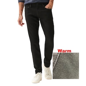 May include: Black jeans with a warm fleece lining. The jeans are slim fitting and have a straight leg.