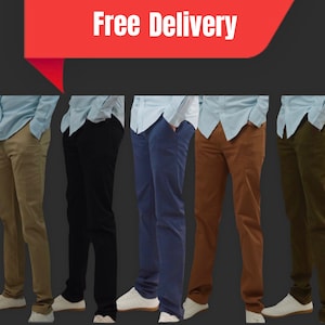 May include: Five pairs of men's trousers in different colours: khaki, black, blue, brown, and olive green. The trousers are all casual and have a straight leg fit. Free delivery is offered.