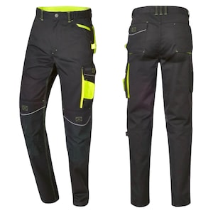 May include: Black work pants with multiple pockets and yellow reflective accents. The pants have a straight leg fit and are made of durable material.