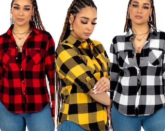 Women&#39;s Check Long Sleeve Lightweight Plaid Flannel Shirt Casual Blouse Tops UK