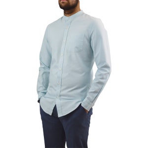 Mens Slim Fit Grandad Collar Long Sleeved Oxford Shirt Blue Casual Collarless Shirts