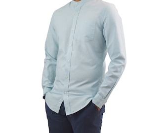 Mens Slim Fit Grandad Collar Long Sleeved Oxford Shirt Blue Casual Collarless Shirts
