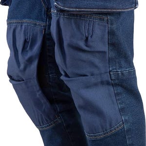 May include: A pair of blue denim pants with reinforced knee pads. The pants have multiple pockets, including cargo pockets on the sides.