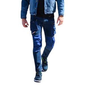 May include: Blue denim pants with multiple pockets and reinforced knees. The pants have a relaxed fit and are designed for durability.