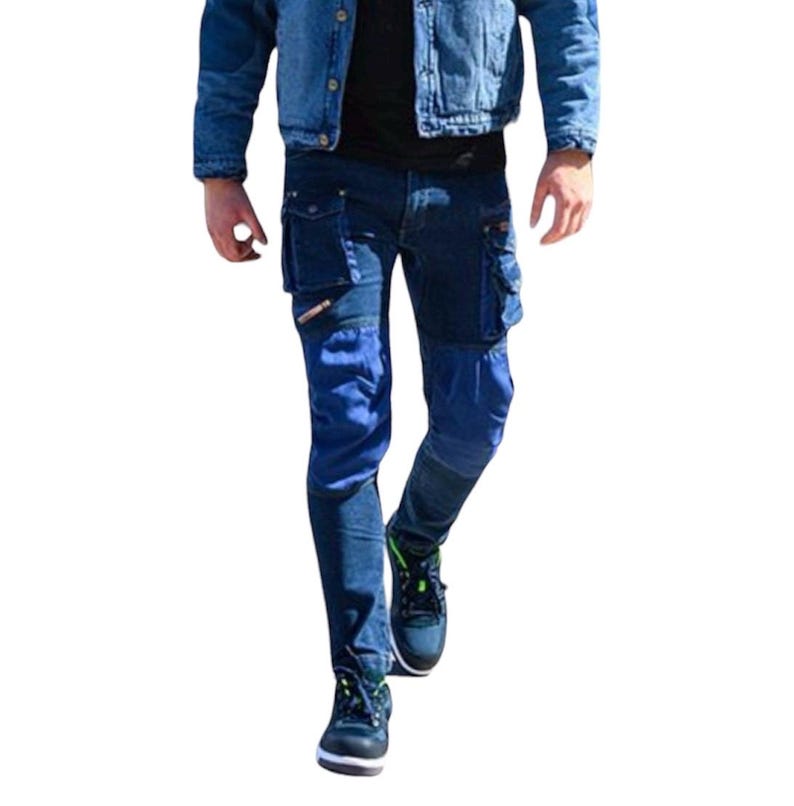 May include: Blue denim pants with multiple pockets and reinforced knees. The pants have a relaxed fit and are designed for durability.