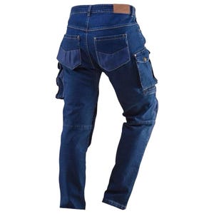 May include: Dark blue denim cargo pants with multiple pockets, including two large side pockets and a smaller pocket on the right thigh.