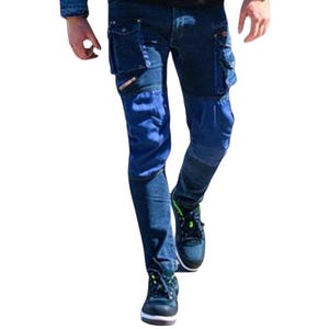 May include: Blue denim pants with multiple pockets and cargo style details. The pants have a relaxed fit and are made of a durable material.