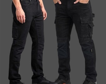 Mens Cargo Stretch Work Jeans Elasticated Waist Cordura Knee Pads Pockets Combat Trousers Black Heavy Duty Denim