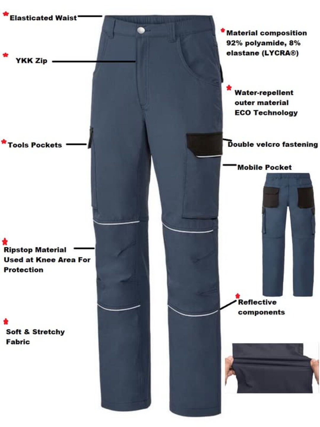 Pantalon de travail cargo de combat pour homme stretch hydrofuge