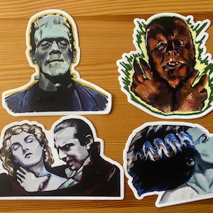 Universal Monsters Four Pack Die Cut Stickers - Wolf man, Dracula, Frankenstein and Bride of Frankenstein Halloween