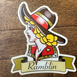 Cowgirl Tattoo Sticker, American Traditional Tattoo Sticker, Tattoo Flash Sticker Decal, Weatherproof Stickers, Glitter Sticker