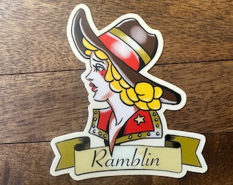 Cowgirl Tattoo Sticker, Amerikaanse traditionele Tattoo Sticker, Tattoo Flash Sticker sticker, weerbestendige stickers, glitter sticker