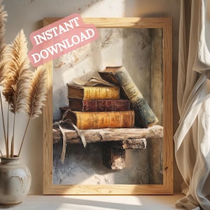 May include: A framed print featuring a still life of antique books on a wooden shelf. The books have aged, textured covers in shades of gold, brown, and green. The words "INSTANT DOWNLOAD" are printed on a pink banner in the upper left corner.
