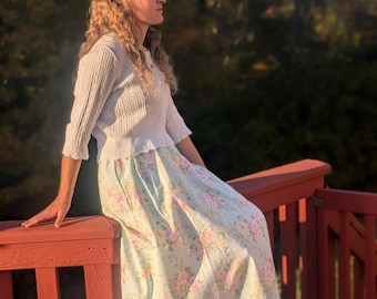 Sky Blue Floral St. Anne Skirt, Womens Long Modest Skirts with Pocket