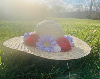 Homemade Red and Purple Daisy Straw Sun Hat for Women