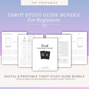 Puede incluir: Un paquete de guías de estudio de tarot imprimibles digitales para principiantes. El paquete incluye una guía de estudio de tarot y un diario con los significados de los arcanos mayores y menores y plantillas de entrada de diario.