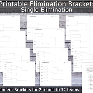 May include: Printable single elimination tournament brackets for 2 to 12 teams. The brackets are blank and ready to be filled in with team names. The image shows 12 different bracket templates.