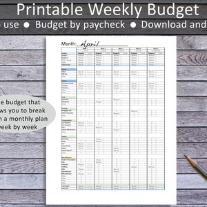 May include: Printable weekly budget planner for the month of April. The budget allows you to break down a monthly plan week by week. The planner includes categories for income, expenses, and savings.