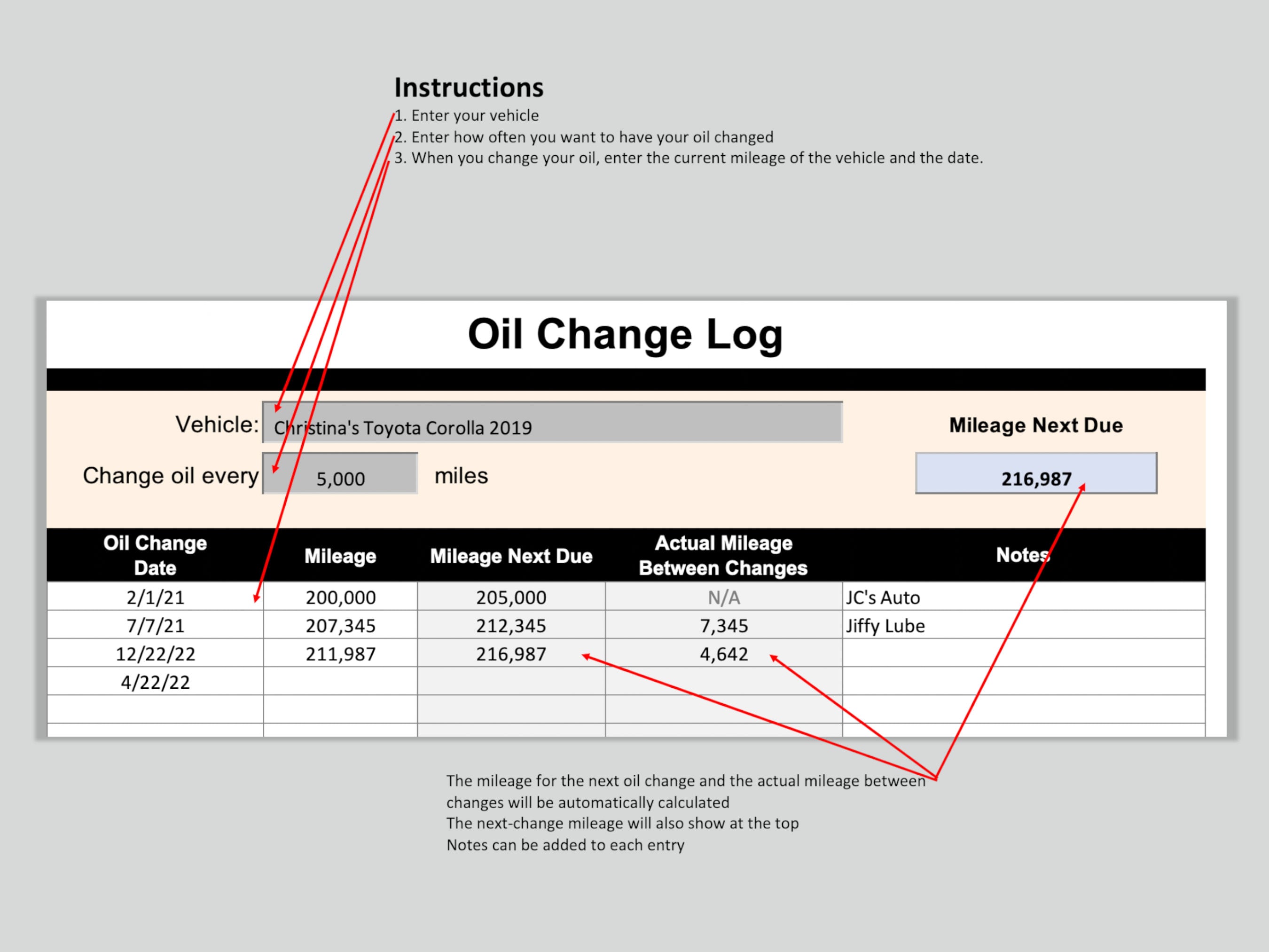 Oil Change Log, Oil Change Calculator, Oil Change Sheet, Downloadable