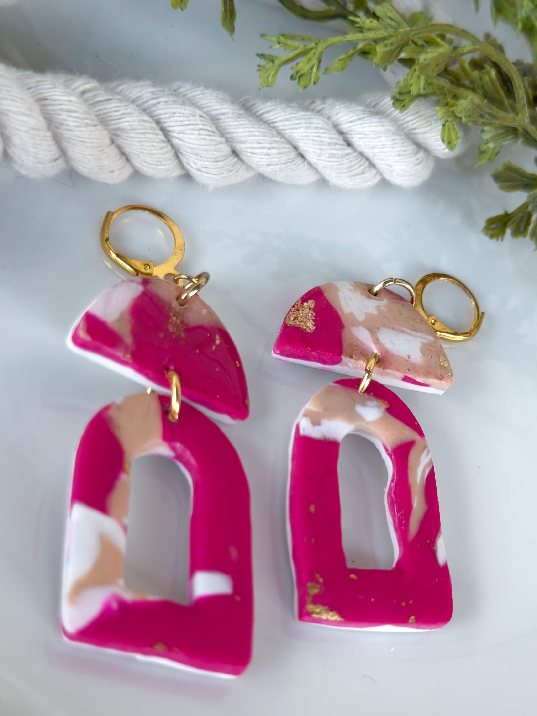 Marble Pink Magenta Beige & White Crescent Drop Earrings - Thumbnail 3