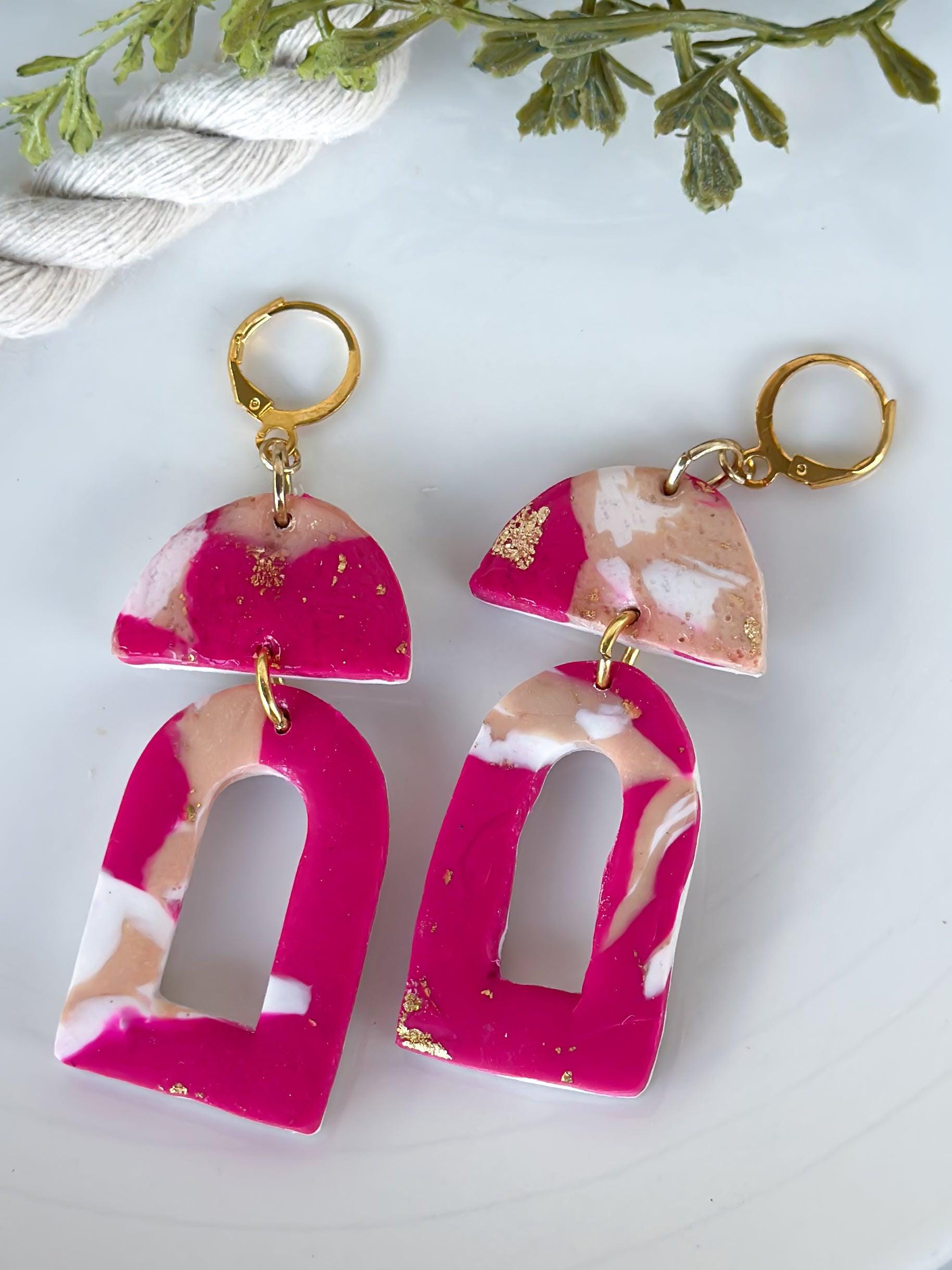 Marble Pink Magenta Beige & White Crescent Drop Earrings
