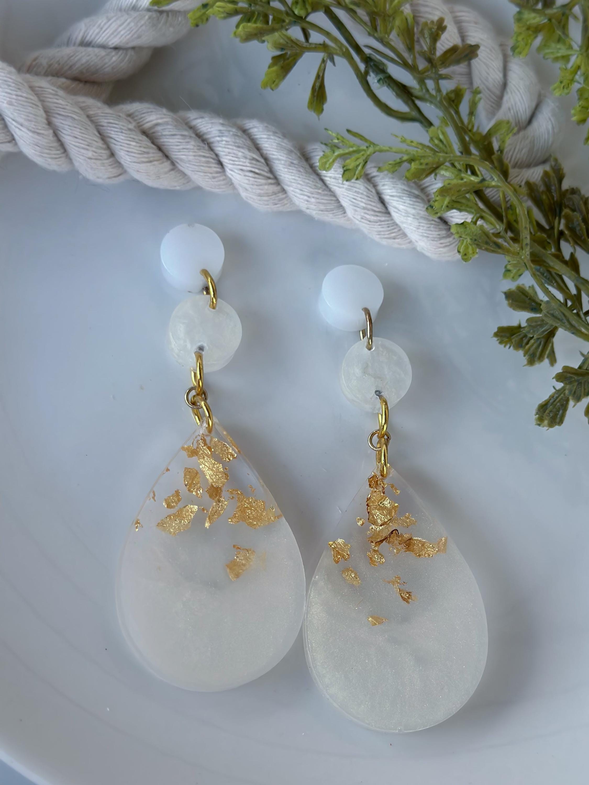 Elegant White Earrings with Gold Leaf