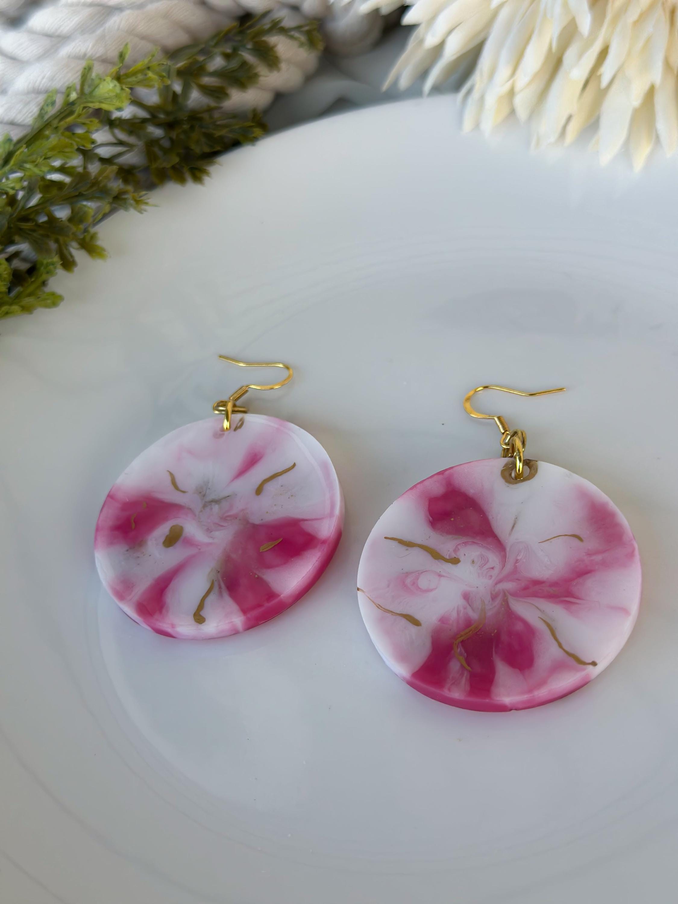 Marbled Circle Earrings – Pink, White & Gold - Thumbnail 4