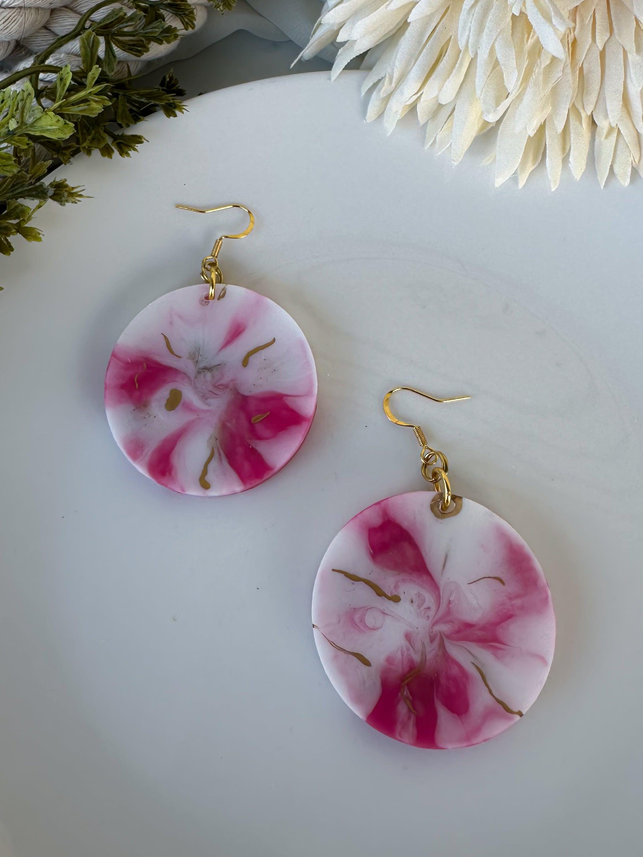 Marbled Circle Earrings – Pink, White & Gold