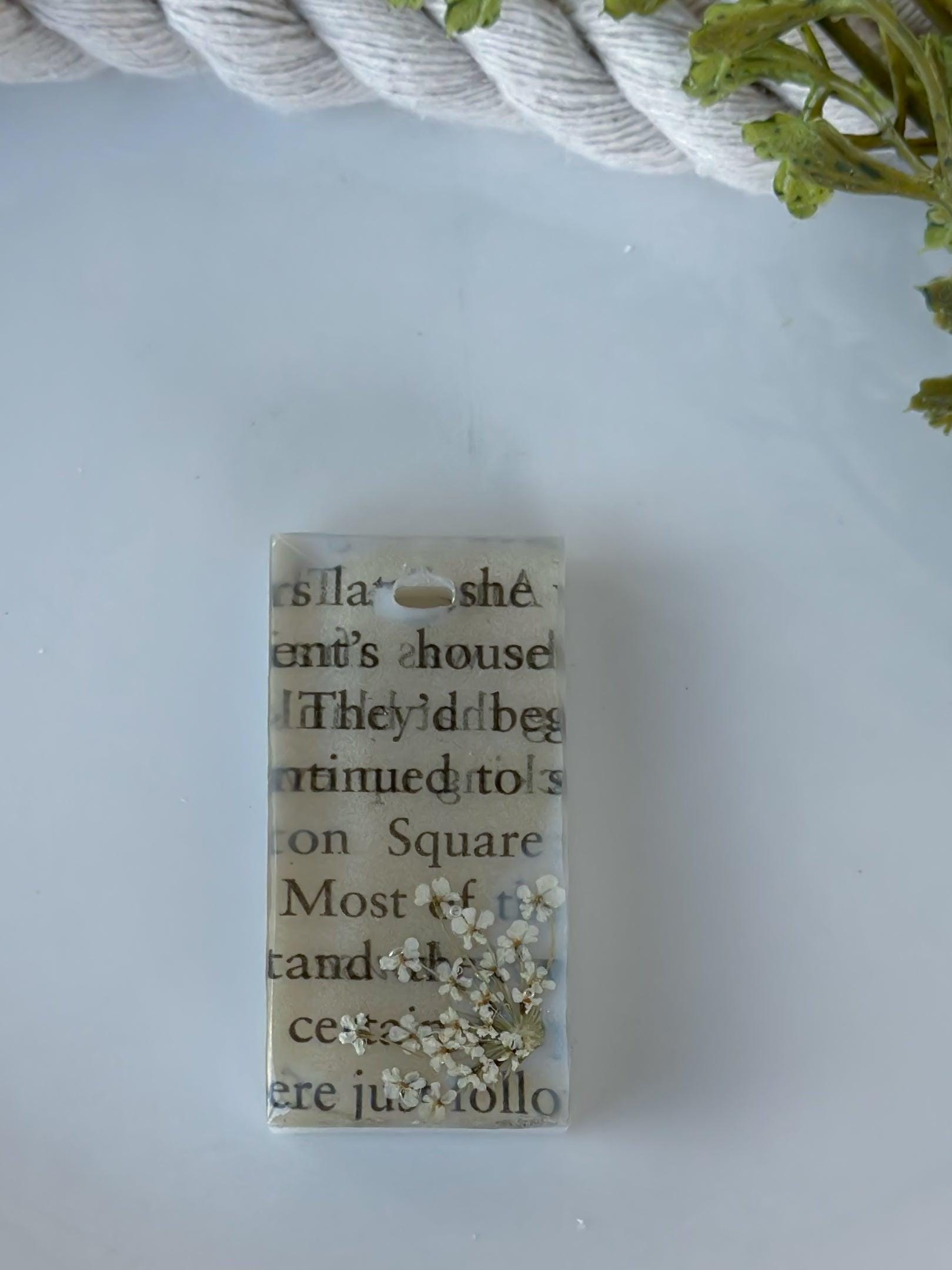 Rectangular Pendant – Book Script & Delicate White Flower