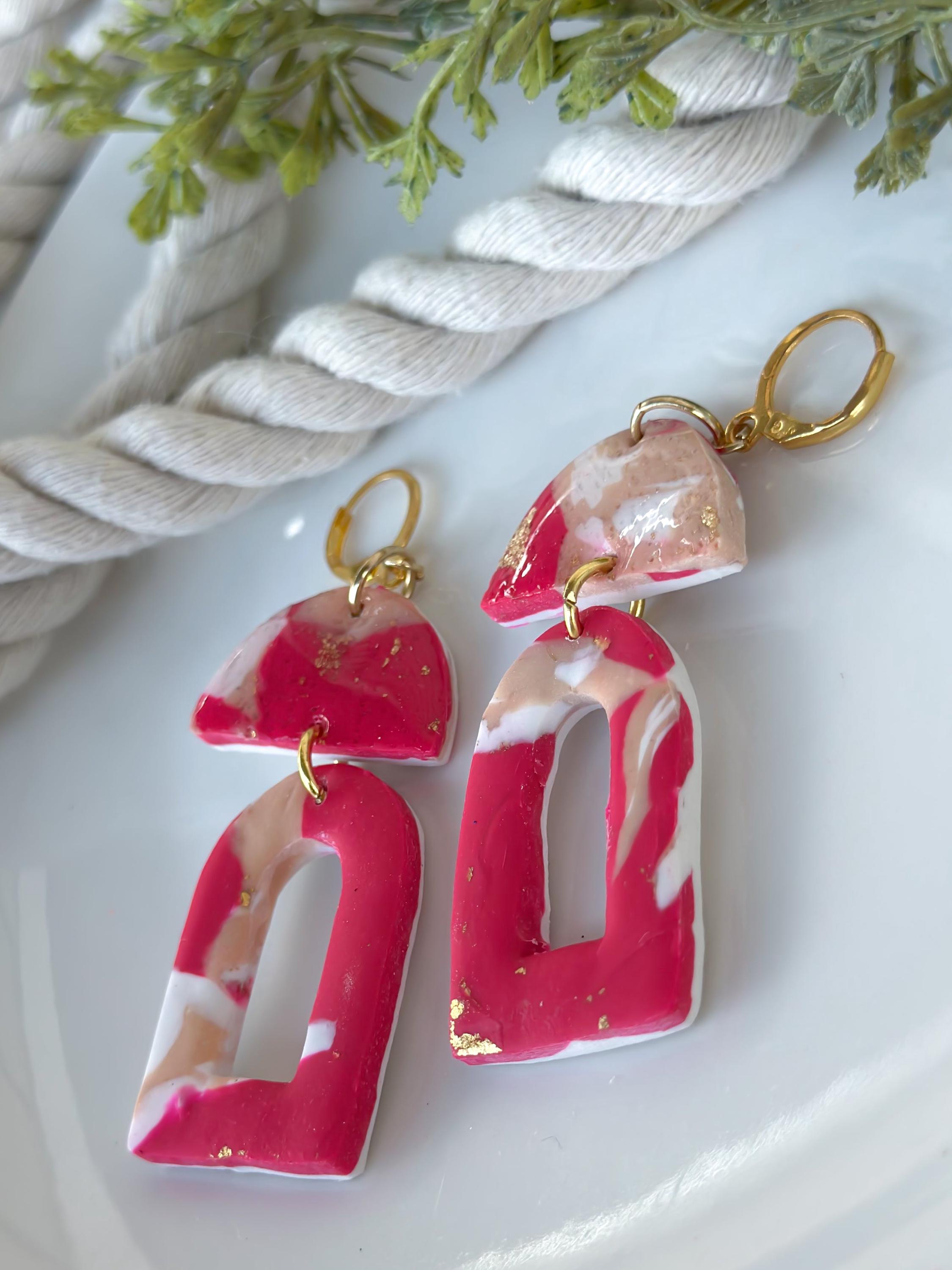 Marble Pink Magenta Beige & White Crescent Drop Earrings - Thumbnail 4