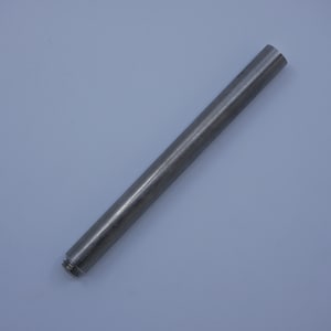 May include: A cylindrical, metallic rod with a threaded end. The rod is silver in color and appears to be made of stainless steel. The object is set against a plain, light blue background.