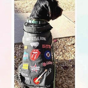 May include: A black dog wearing a black vest adorned with patches. The vest has the text "MOTO THE BONE" and various rock and roll themed patches, including a red guitar, a pair of red lips, and the word "ROCK".
