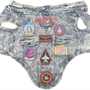 3XL Top Gun Large Size Dog Denim Patched Vest-Embroidered Name Top Gun Vest-Big Dog Birthday  Gift-L Dog Denim Jacket-Personalize Dog Gift