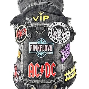 Personalized Rock Band Dog Vest: Denim Biker Costume, Free Embroidered Name