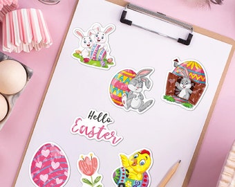 50 Vinyl Easter Stickers, Holographic Easter Egg Rabbit Cartoon Stickers, DIY Laptop Tumbler Waterproof Vinyl Stickers, Easter Decorations