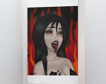 Demon Girl Illustration, Fire Girl Drawing, Female Face Illustration, Pop Art Girl, Comic Art Girl, Wall Art, Poster,  DOWNLOAD