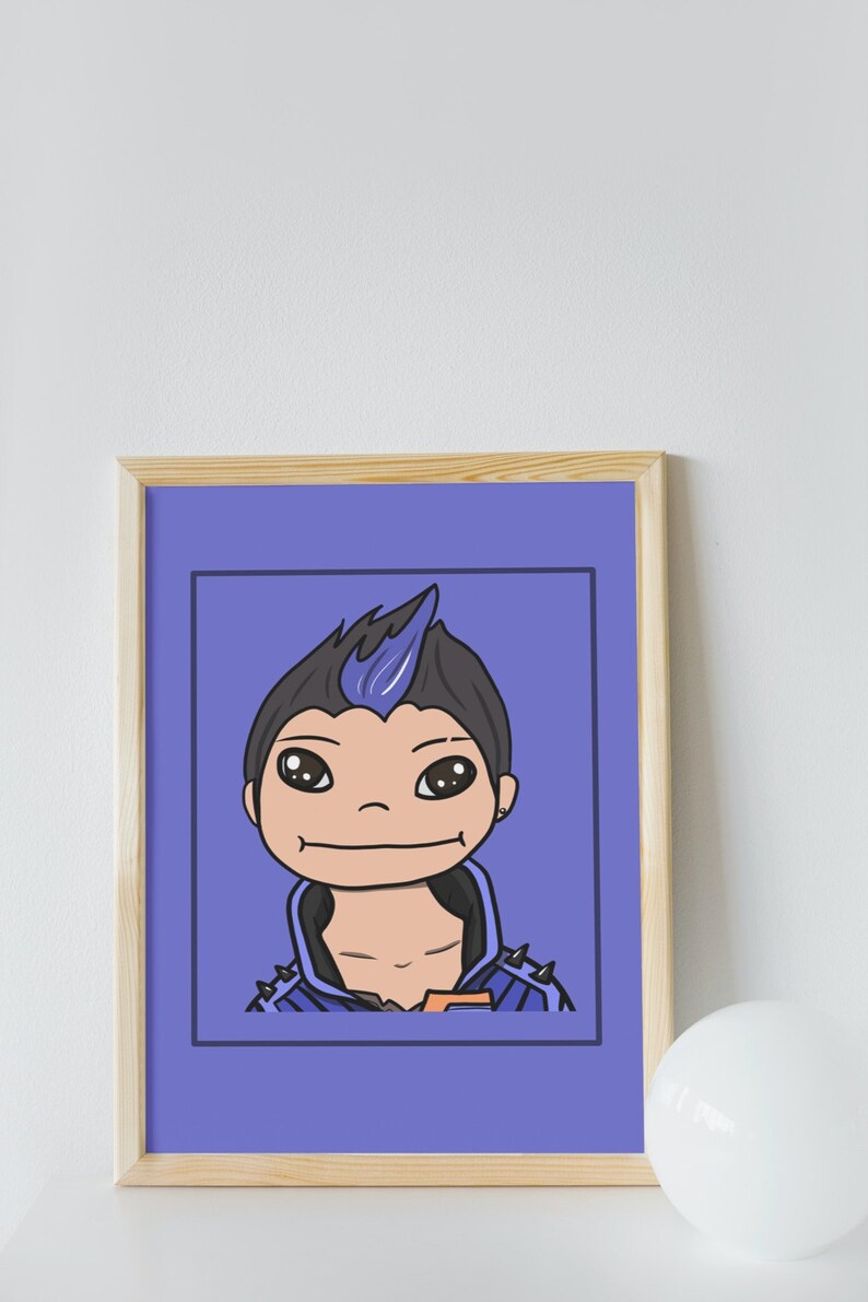 May include: A framed illustration of a cartoon character with blue hair and a purple jacket. The character has a friendly expression and is set against a purple background.