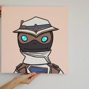 May include: A cartoon illustration of a character with a brown face, white hat, and blue eyes. The character is wearing a white scarf and a brown jacket with a blue patch. The background is a light pink color.