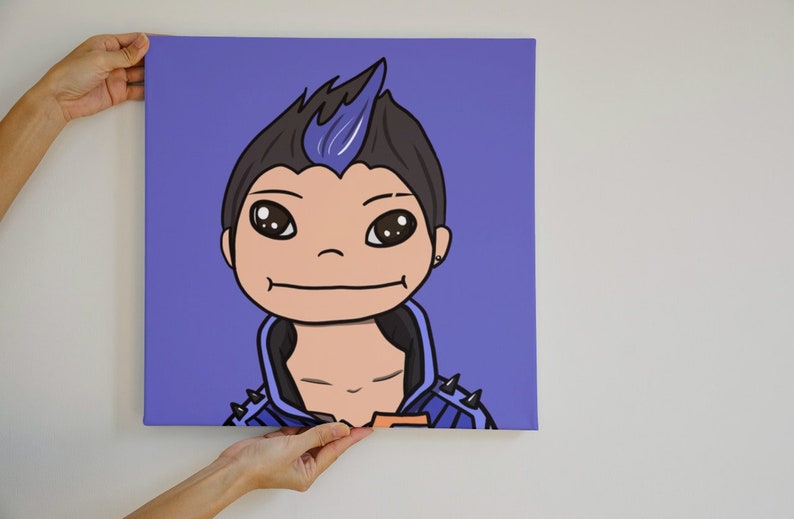 May include: A cartoon illustration of a person with blue hair and a purple background. The person is wearing a blue and black jacket with spikes.